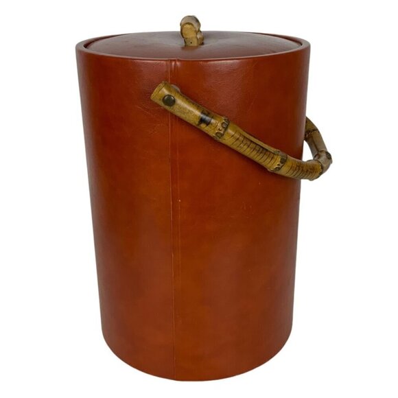 Vintage Vinyl Tropical Wood Handle Ice Bucket With Lid Barware Tiki Man Cave - Picture 3 of 9